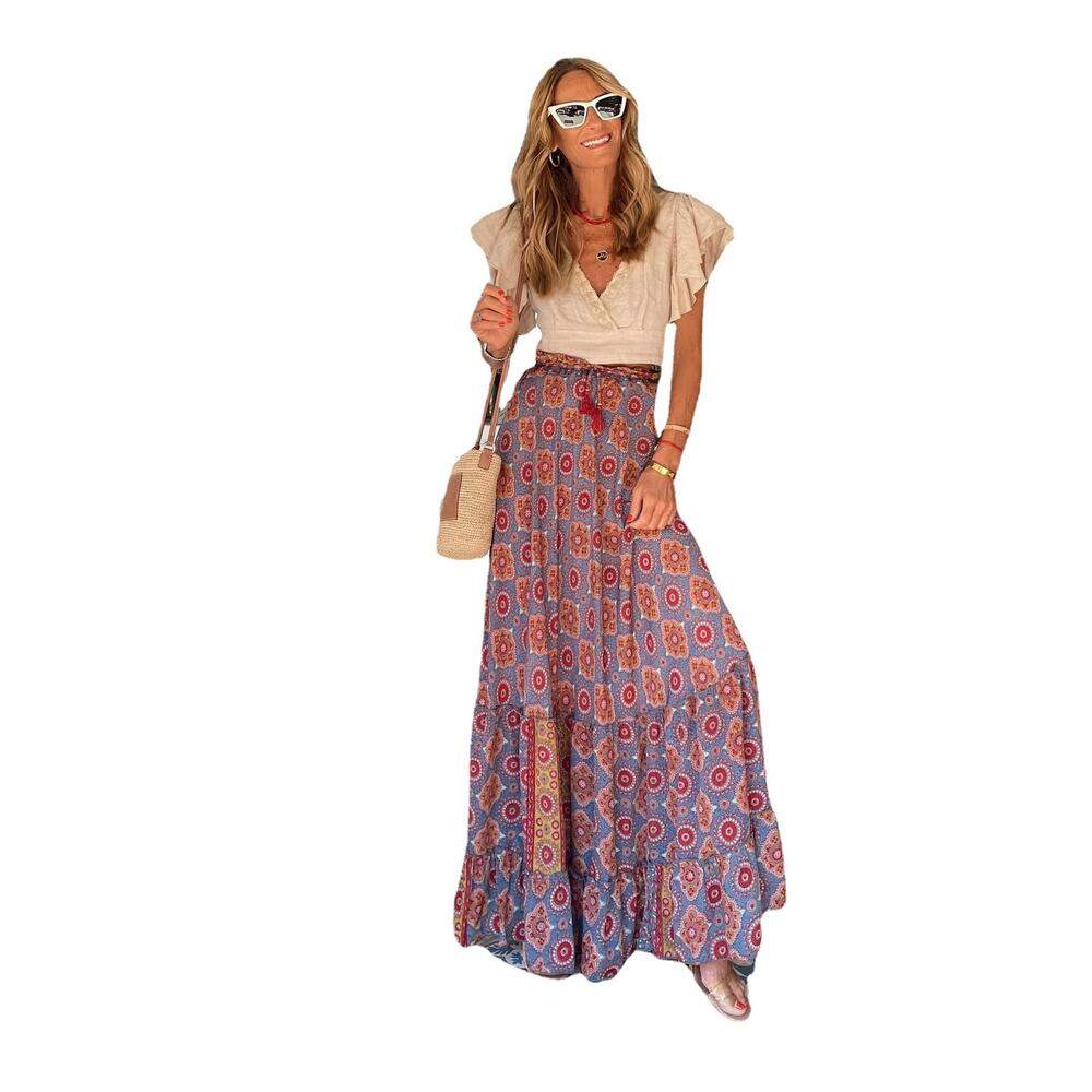 Blue Paisley‎ Print Long Flowy Tiered Maxi Skirt Womens size L Boho Peasant - Picture 4 of 5
